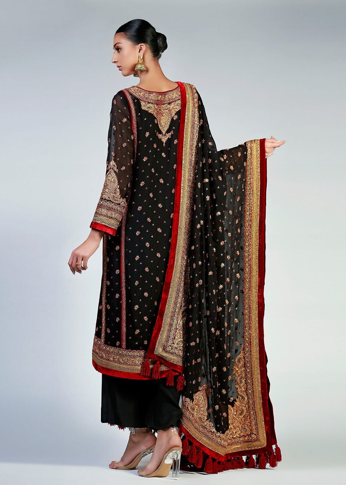 Black Marori Embroidered Chiffon Salwar Kameez (3-Piece) - Image 3