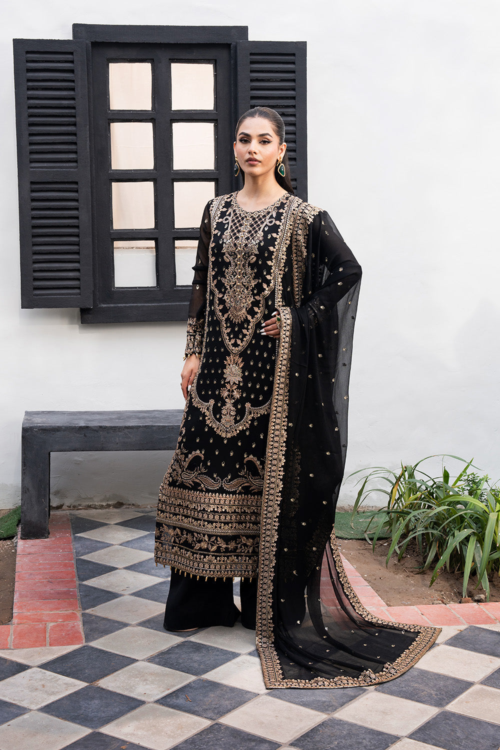 Black Embroidered Chiffon & Organza Salwar Kameez (3-Piece) - Image 1