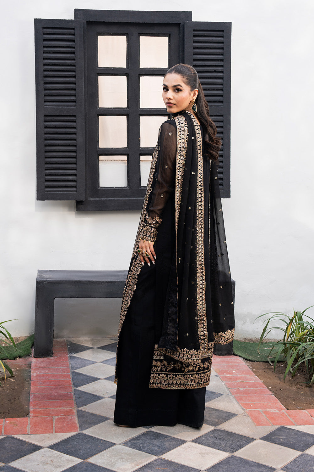 Black Embroidered Chiffon & Organza Salwar Kameez (3-Piece) - Image 2
