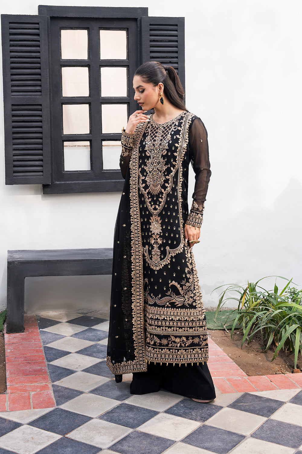 Black Embroidered Chiffon & Organza Salwar Kameez (3-Piece) - Image 3