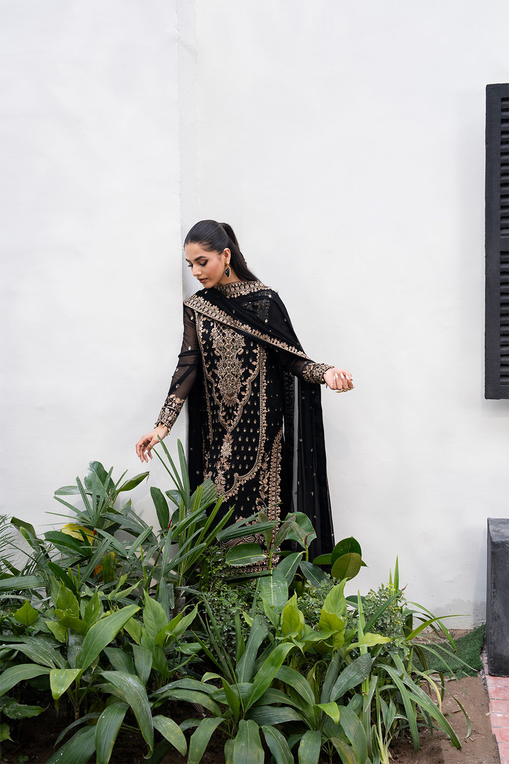 Black Embroidered Chiffon & Organza Salwar Kameez (3-Piece) - Image 4