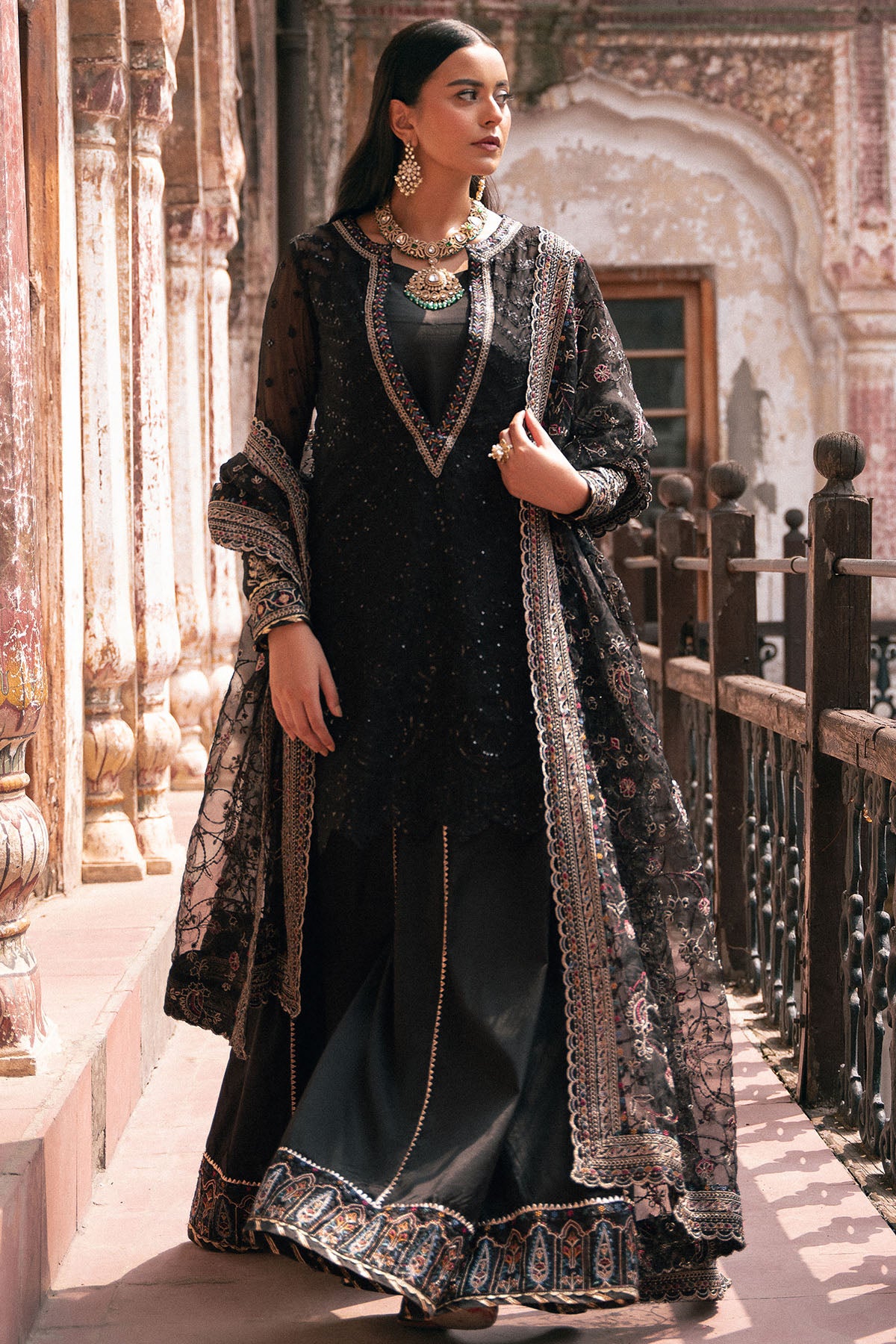 Black Embroidered Crinkle Chiffon & Silk Salwar Kameez (3-Piece) - Image 1