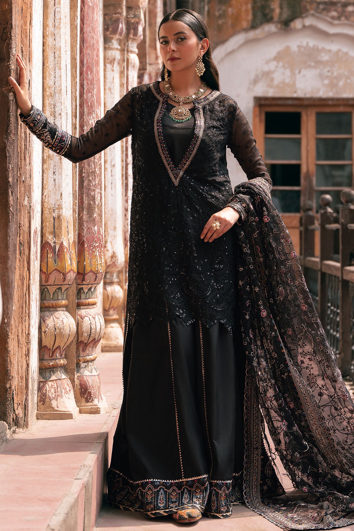 Black Embroidered Crinkle Chiffon & Silk Salwar Kameez (3-Piece) - Image 2