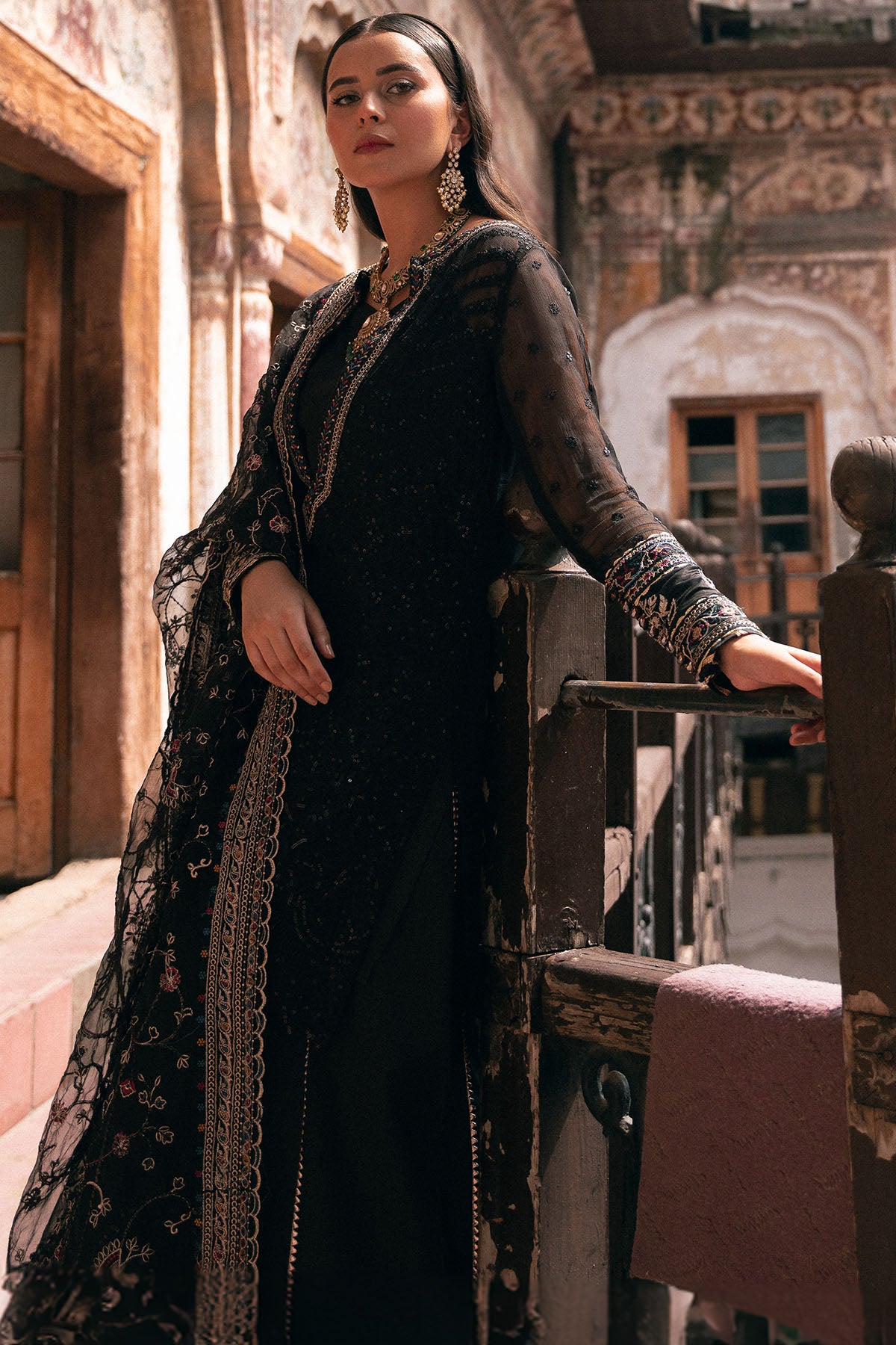 Black Embroidered Crinkle Chiffon & Silk Salwar Kameez (3-Piece) - Image 3