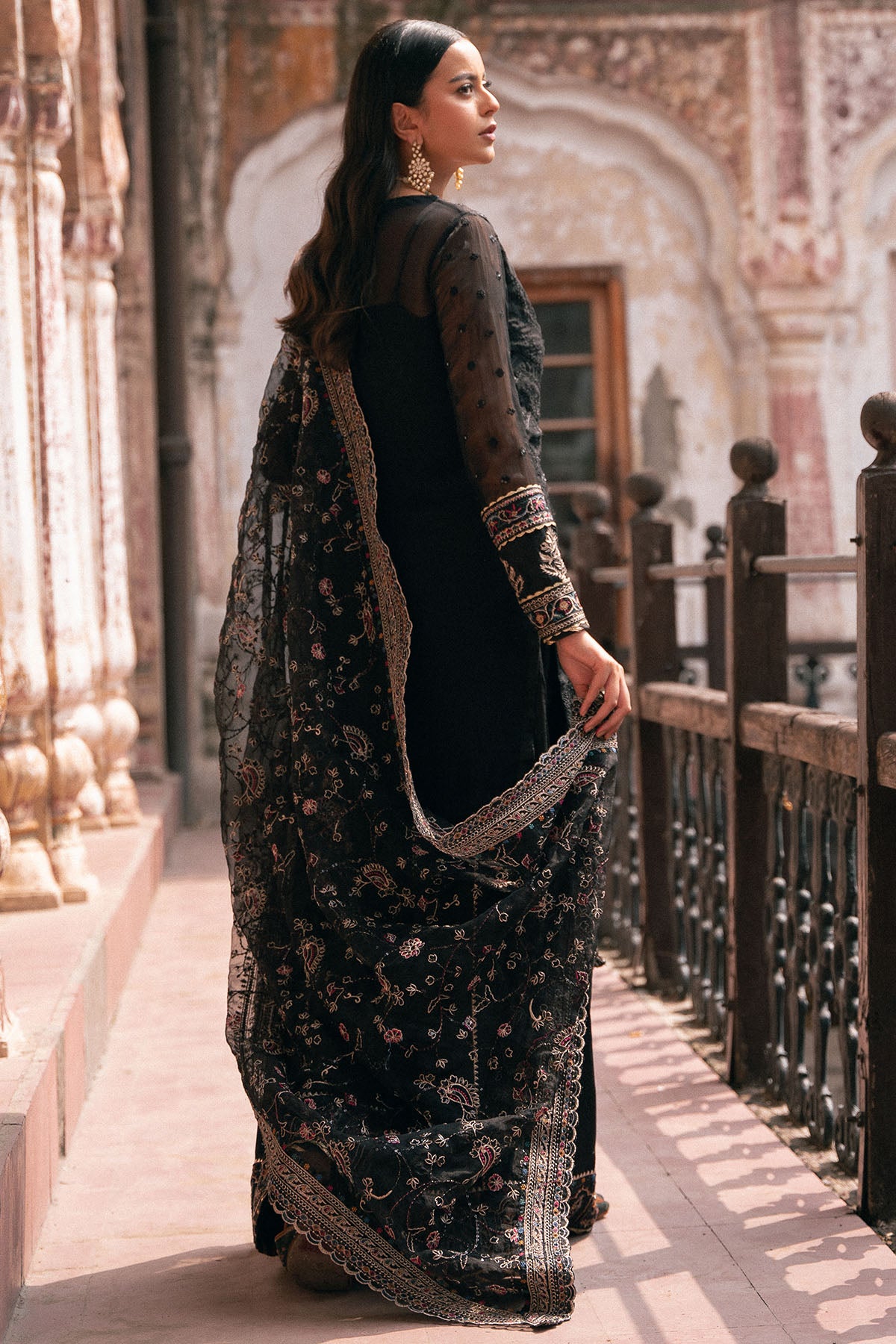 Black Embroidered Crinkle Chiffon & Silk Salwar Kameez (3-Piece) - Image 4