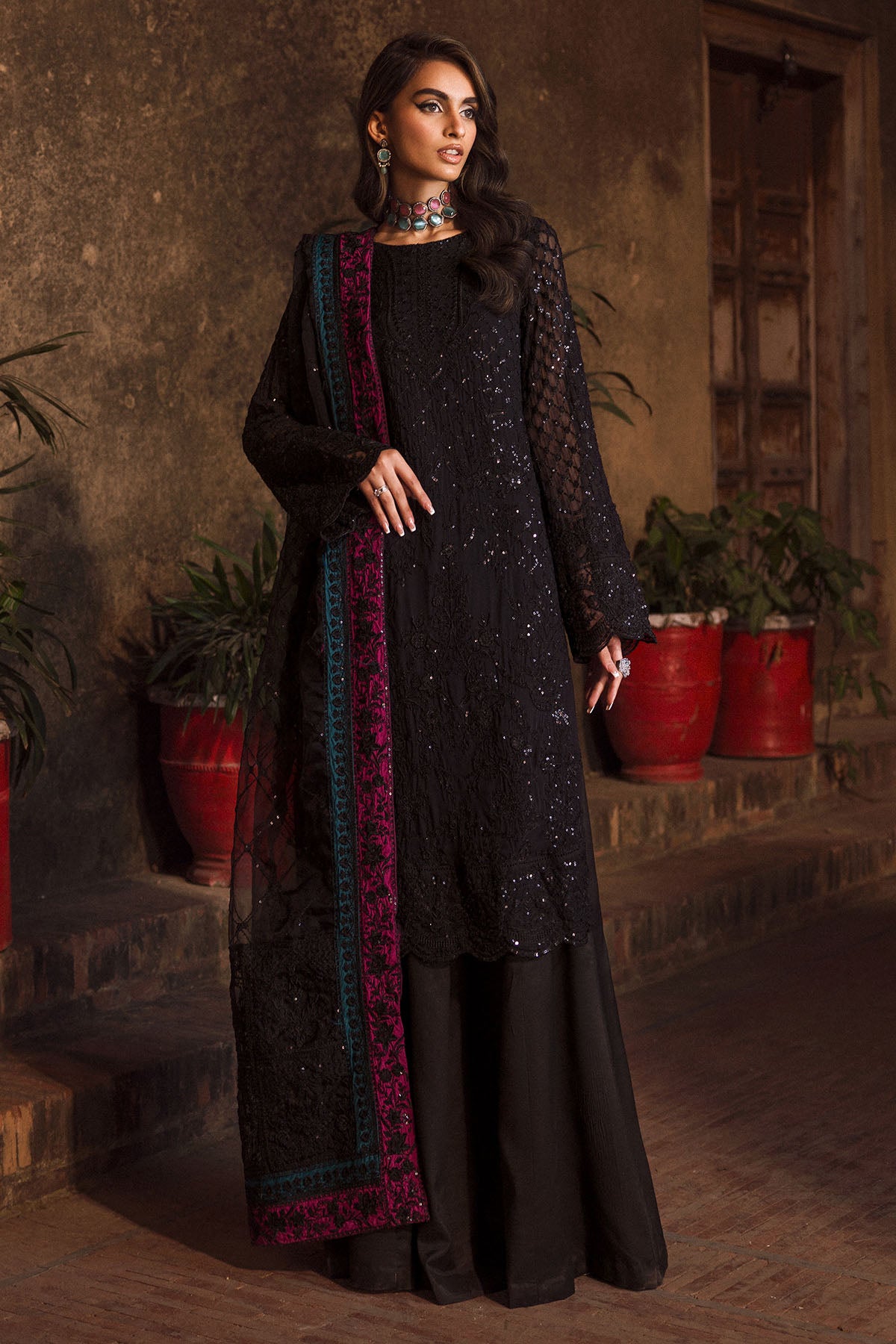Black Embroidered Crinkle Chiffon & Silk Salwar Kameez (3-Piece) - Image 1