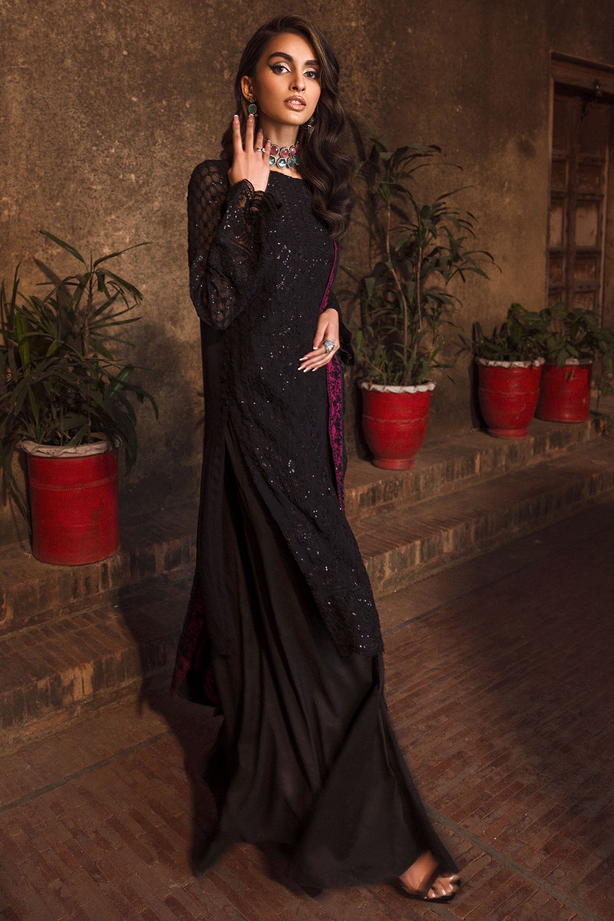 Black Embroidered Crinkle Chiffon & Silk Salwar Kameez (3-Piece) - Image 3