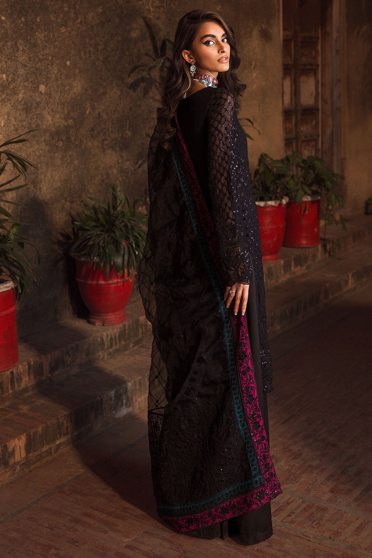 Black Embroidered Crinkle Chiffon & Silk Salwar Kameez (3-Piece) - Image 5