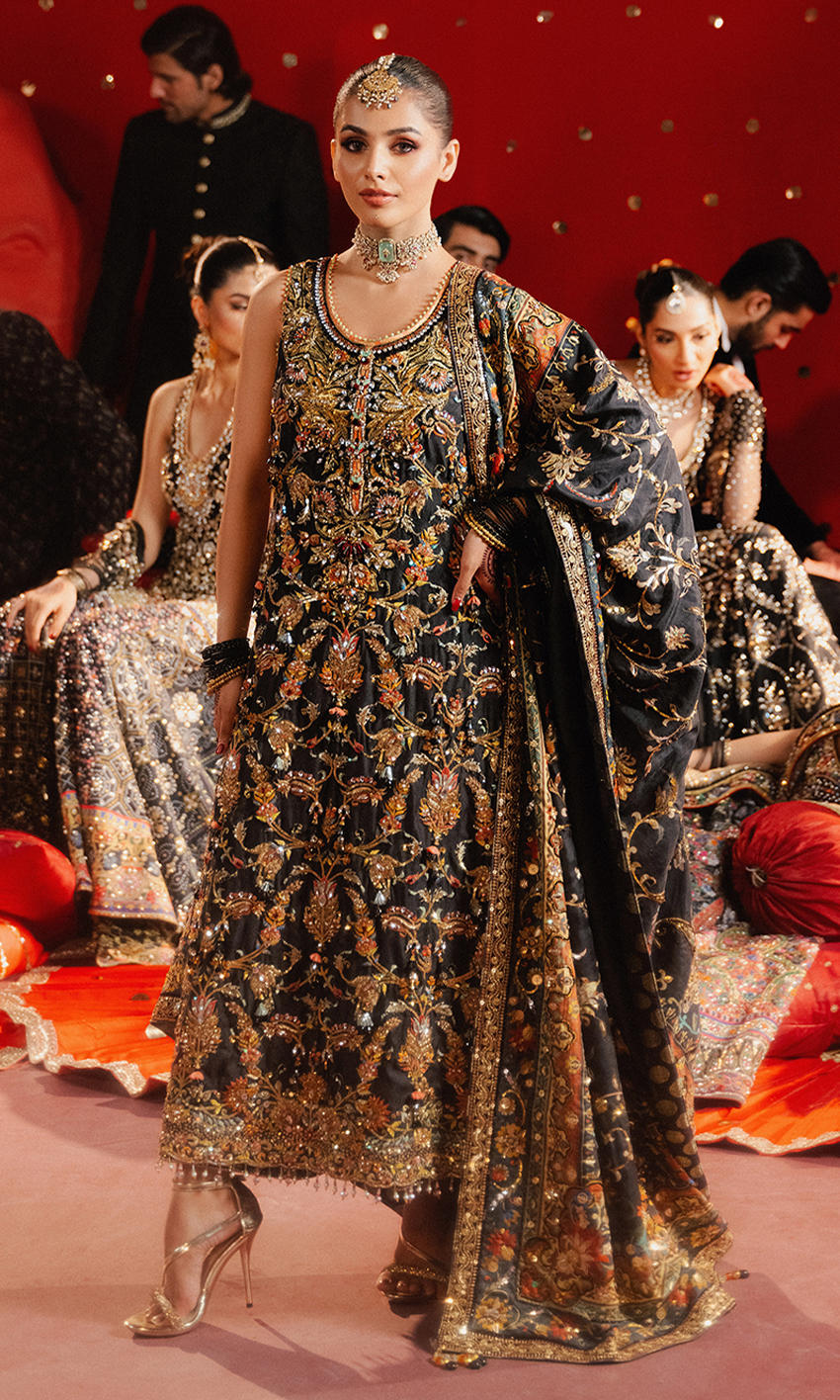 Pakistani Black Embroidered Cotton Net Salwar Kameez (3-Piece) - Image 1