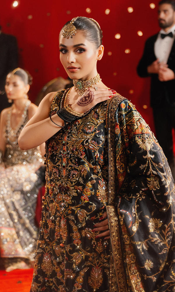 Pakistani Black Embroidered Cotton Net Salwar Kameez (3-Piece) - Image 8