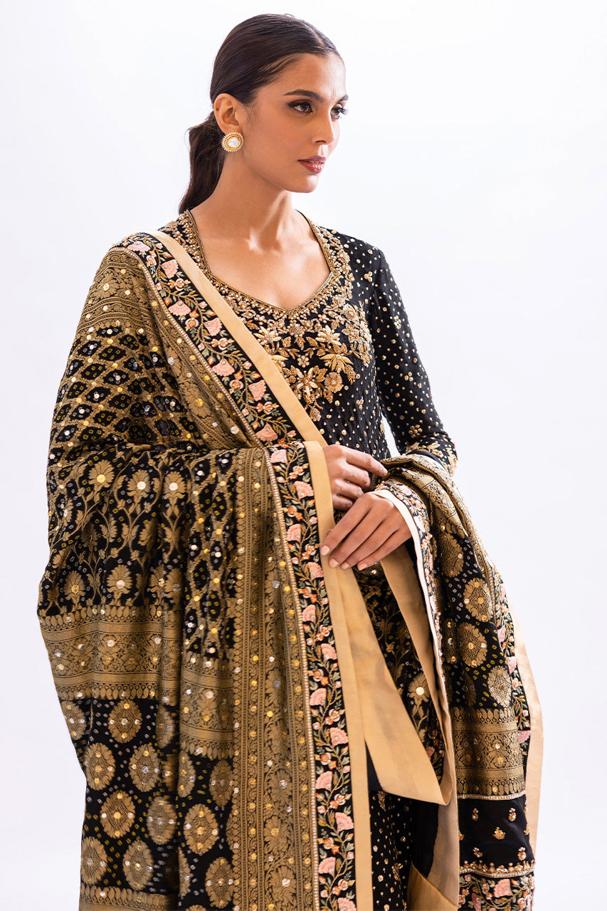 Black Zardozi Cotton Net Kurta Set (3-Piece) - Image 3