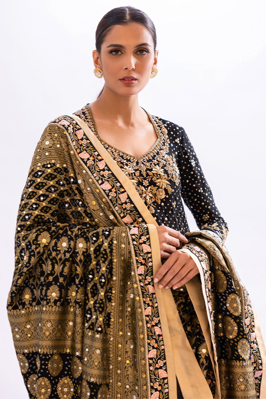 Black Zardozi Cotton Net Kurta Set (3-Piece) - Image 4