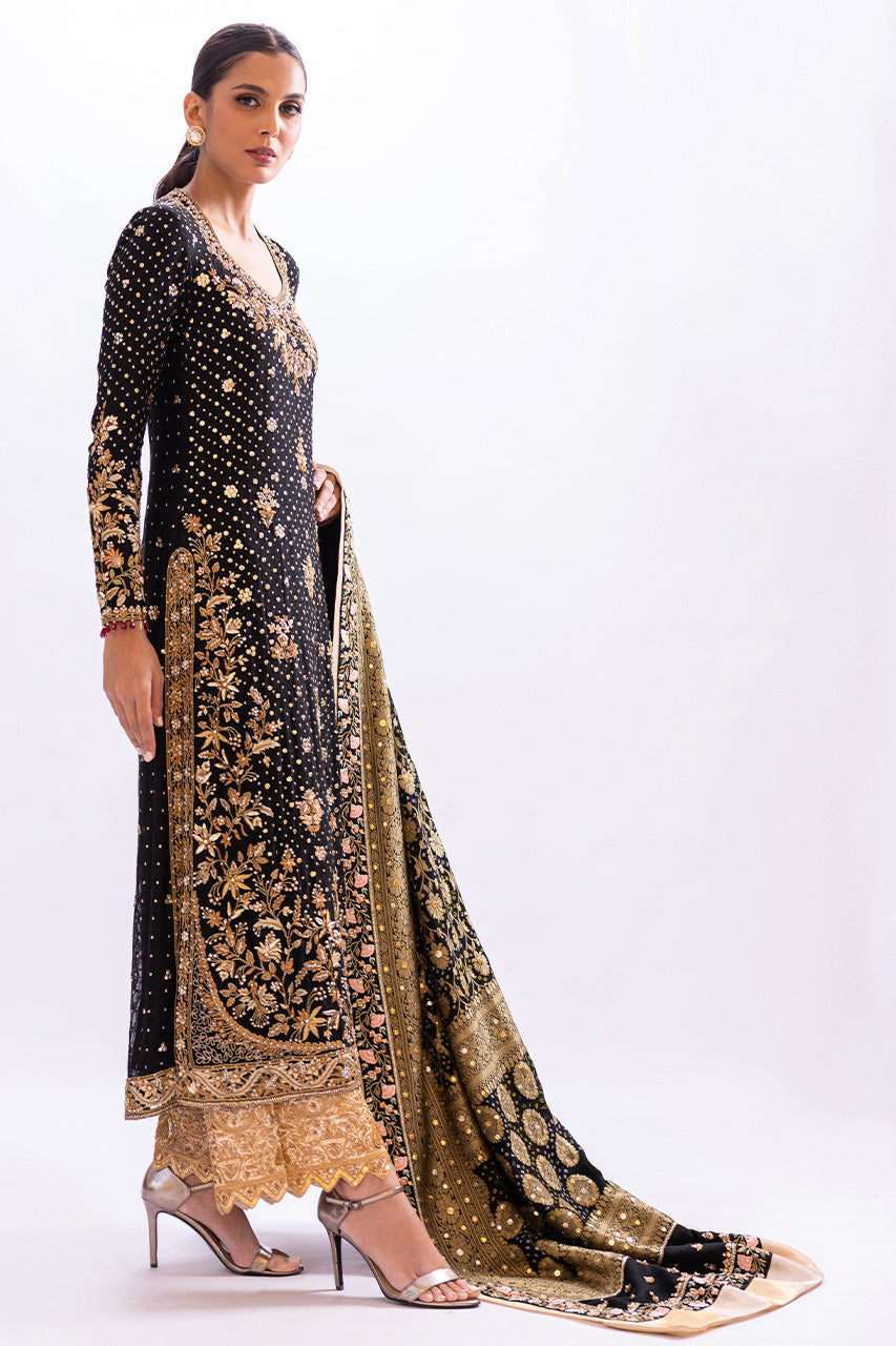 Black Zardozi Cotton Net Kurta Set (3-Piece) - Image 6