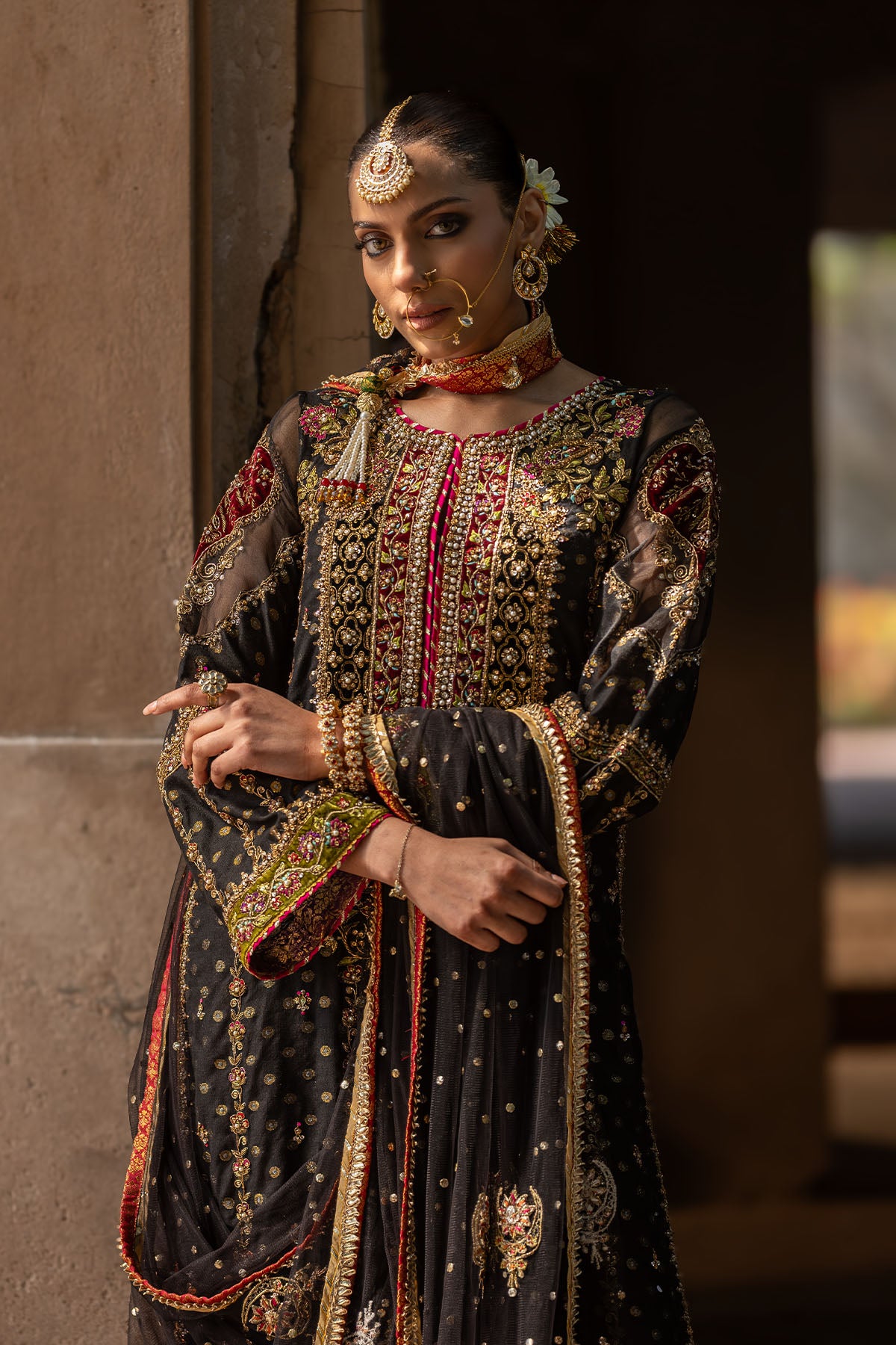 Black Zari Woven Cotton Net Kameez (3-Piece) - Image 1