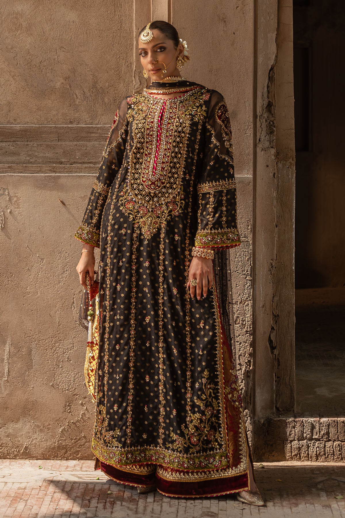 Black Zari Woven Cotton Net Kameez (3-Piece) - Image 2