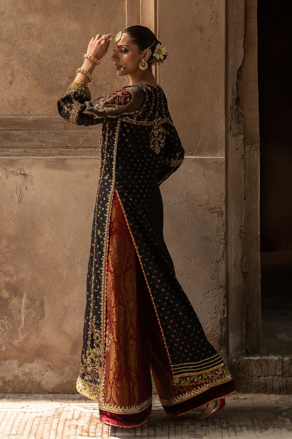 Black Zari Woven Cotton Net Kameez (3-Piece) - Image 4