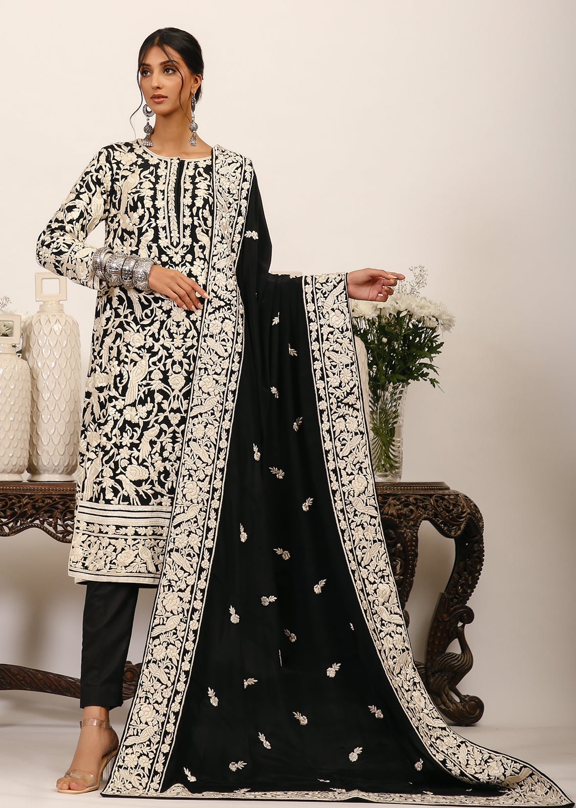 Black Parsi Gara Embroidered Crepe Salwar Kameez (3-Piece) - Image 1