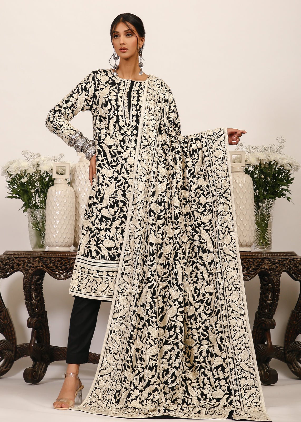 Black Parsi Gara Embroidered Crepe Salwar Kameez (3-Piece) - Image 2
