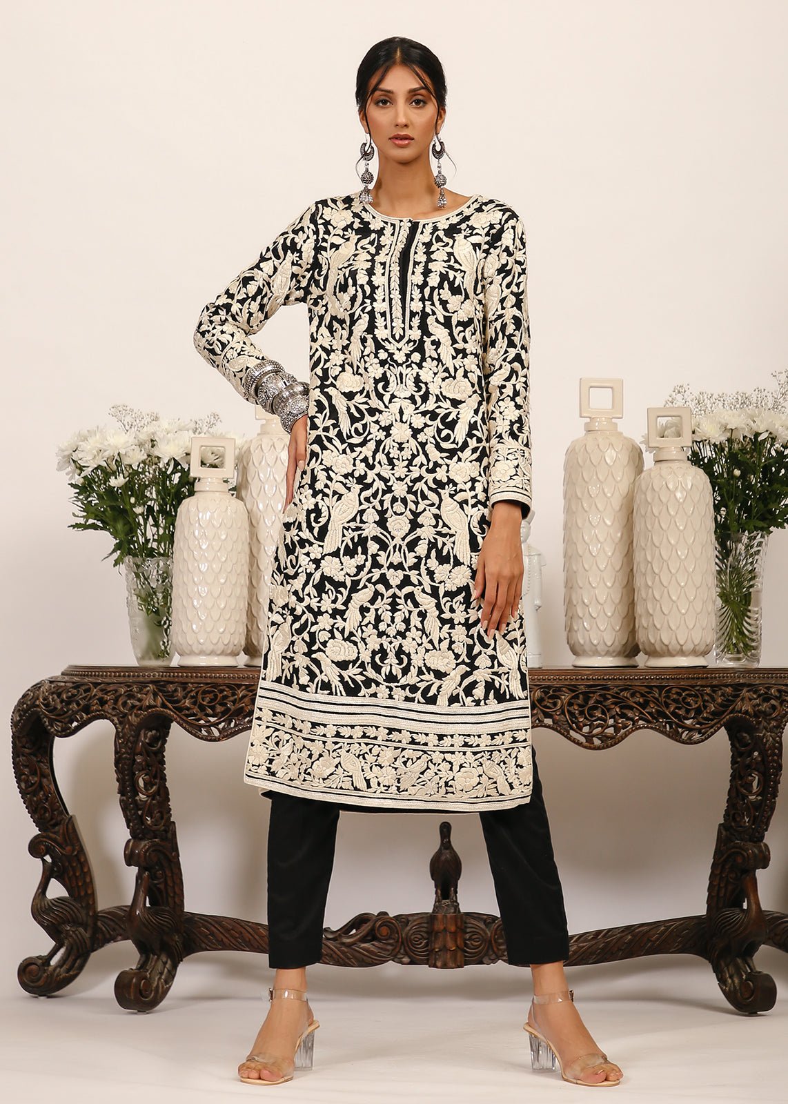 Black Parsi Gara Embroidered Crepe Salwar Kameez (3-Piece) - Image 5