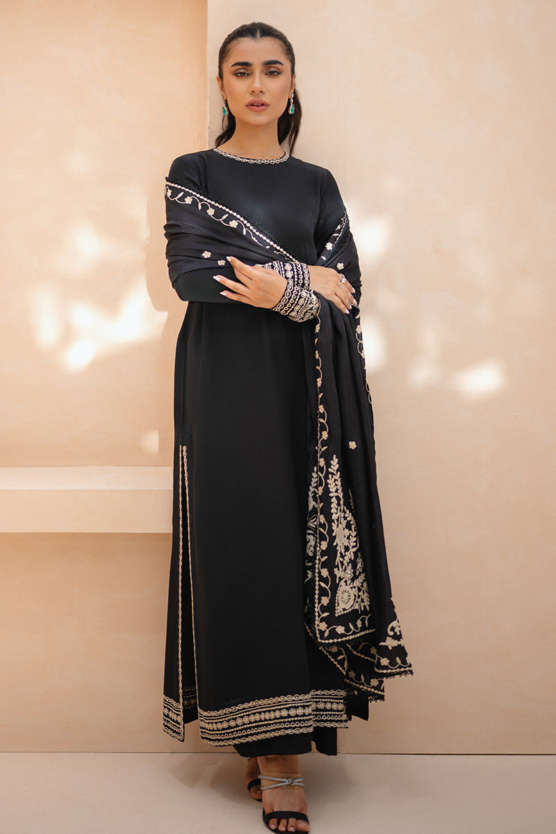 Pakistani Black Ari Embroidered Crepe Silk Salwar Kameez (3-Piece) - Image 1