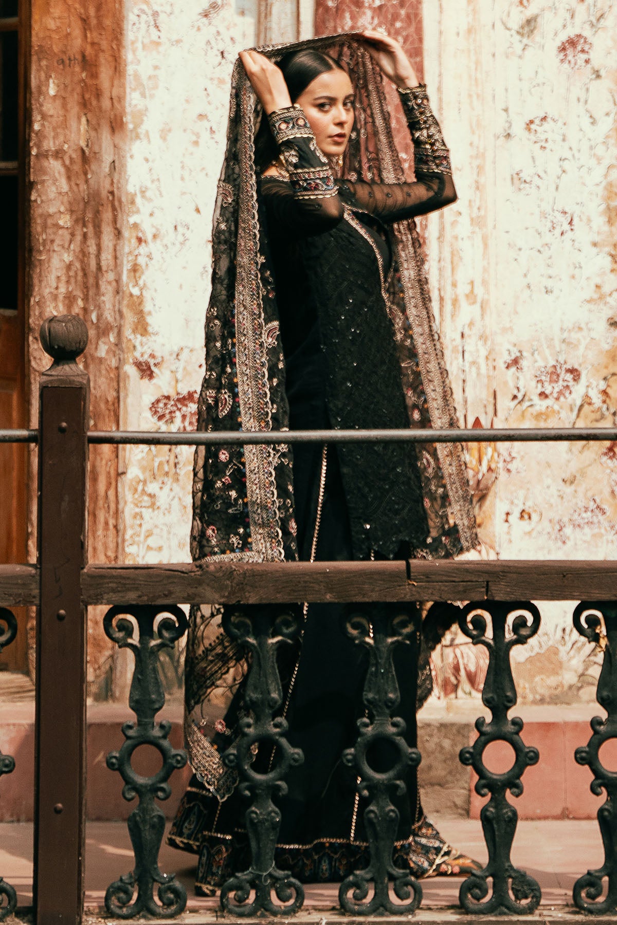 Pakistani Black Embroidered Crinkle Chiffon & Organza 3-Piece - Image 3