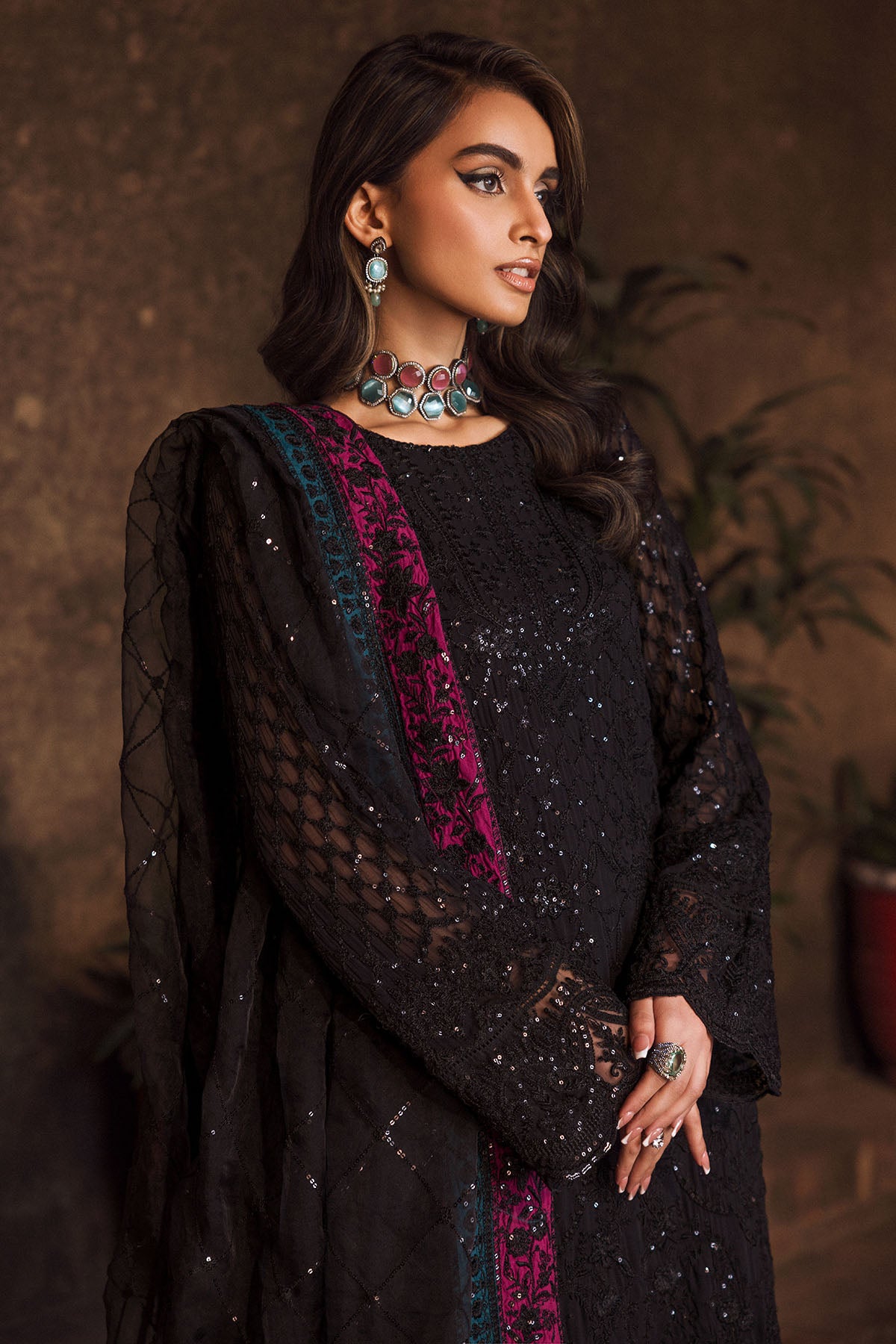 Black Embroidered Crinkle Chiffon 3-Piece Suit - Image 2