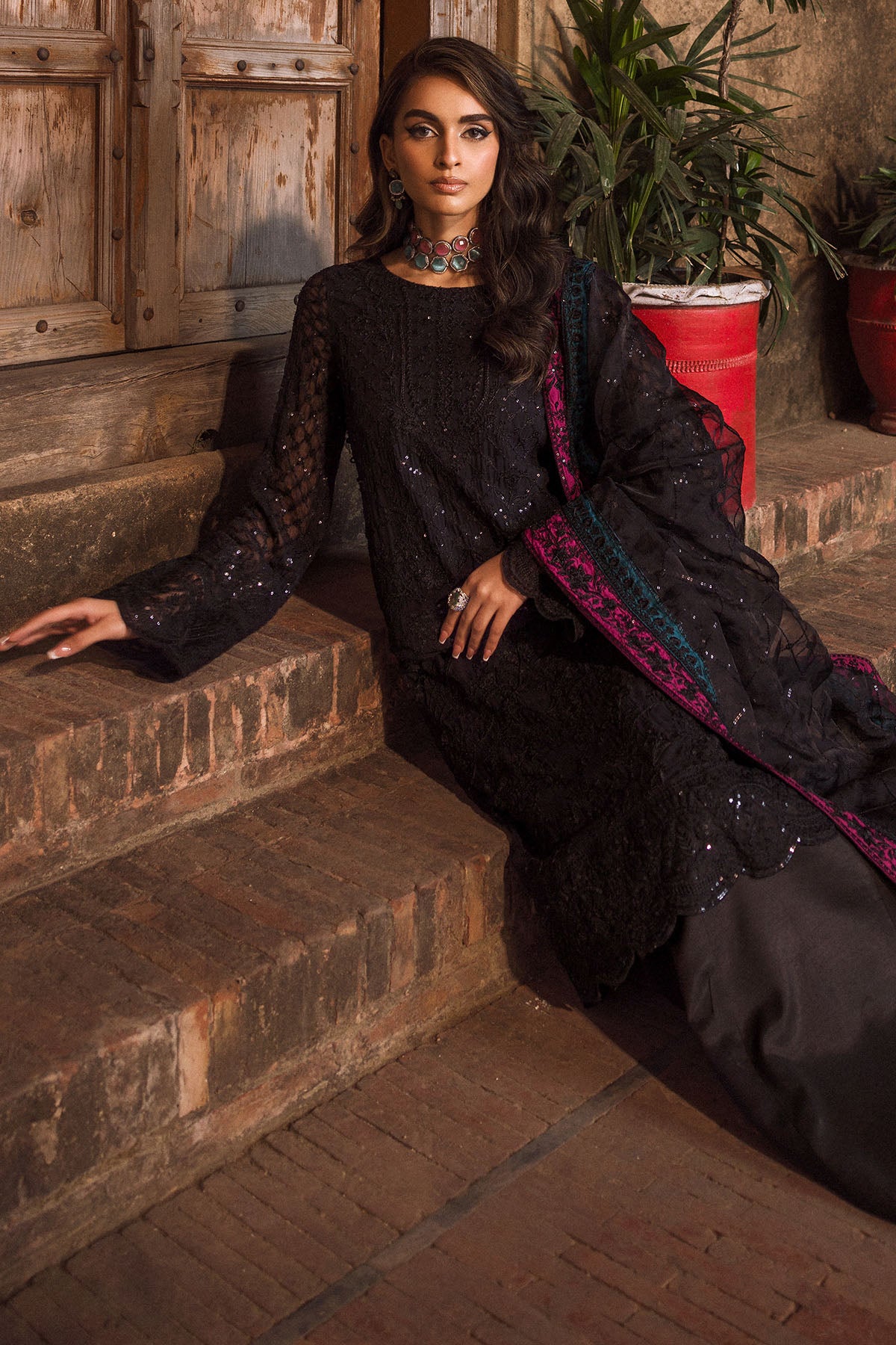 Black Embroidered Crinkle Chiffon 3-Piece Suit - Image 4
