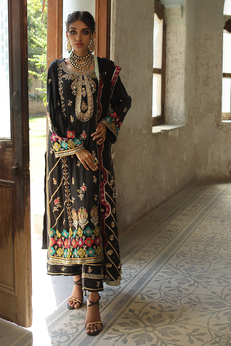Black Embroidered Jamawar Salwar Kameez (3-Piece) - Image 1