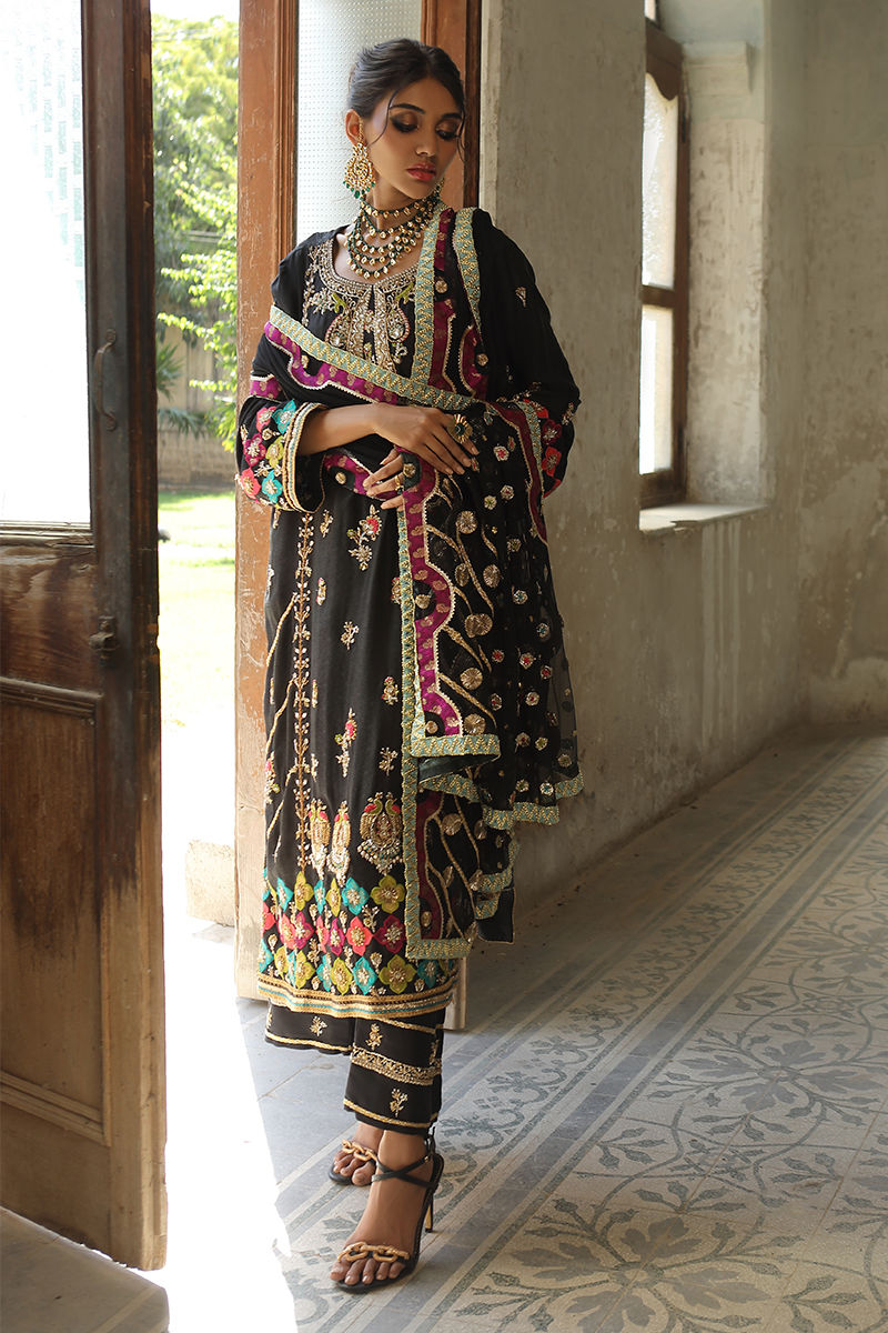 Black Embroidered Jamawar Salwar Kameez (3-Piece) - Image 3