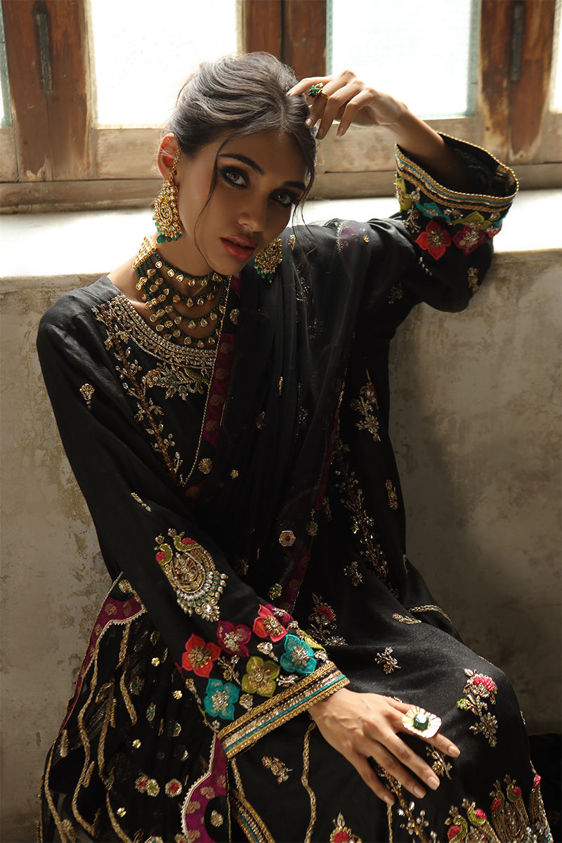 Black Embroidered Jamawar Salwar Kameez (3-Piece) - Image 4