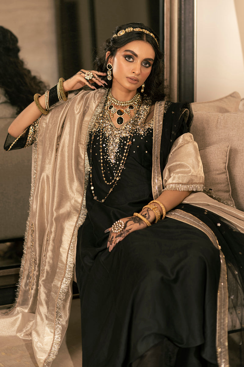 Black Ganga-Jamni Sequin Pure Kataan Salwar Kameez (3-Piece) - Image 3