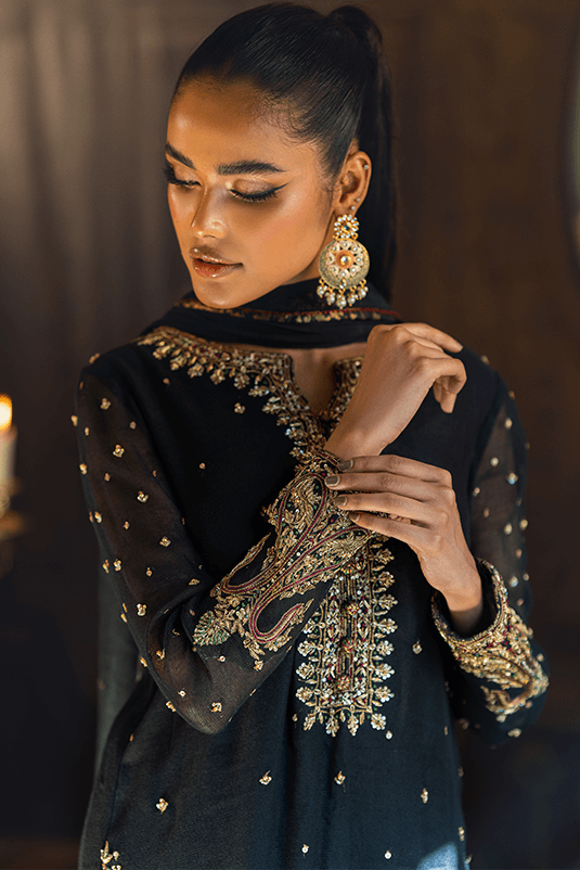 Pakistani Black Embroidered Khaddi Net & Raw Silk Salwar Kameez (3-Piece) - Image 4