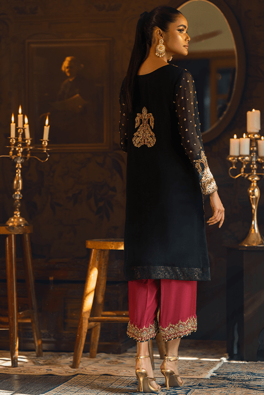 Pakistani Black Embroidered Khaddi Net & Silk Salwar Kameez (3-Piece) - Image 1