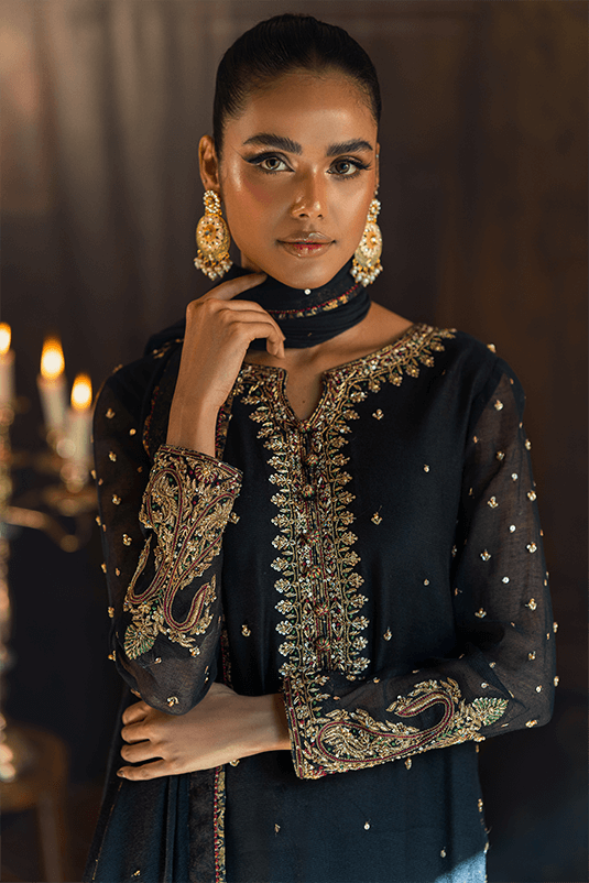 Pakistani Black Embroidered Khaddi Net & Silk Salwar Kameez (3-Piece) - Image 3