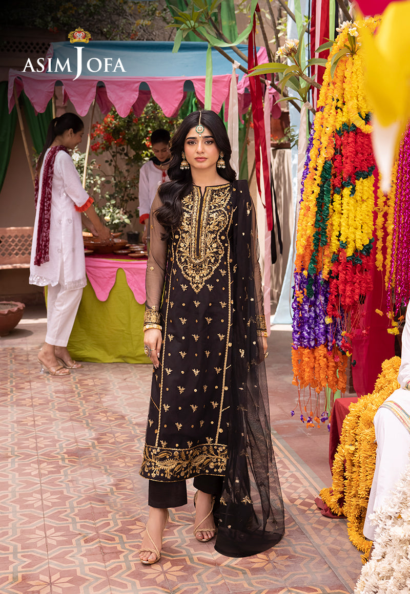 Black Net Embroidered 3-Piece Suit (Boski Silk) - Image 1