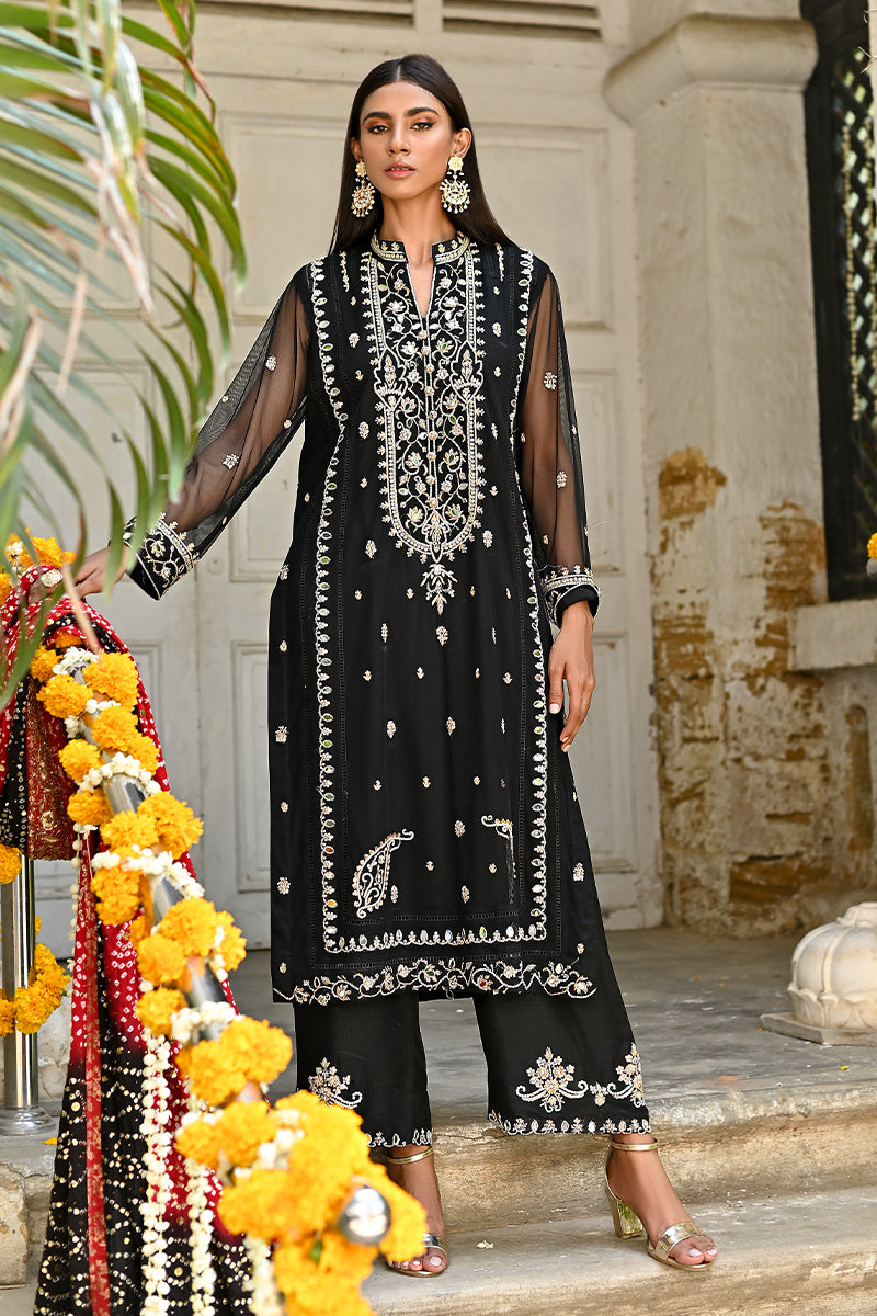 Black Kora Dabka Net Sherwani-Cut Shirt & Izaar (3-Piece) - Image 1