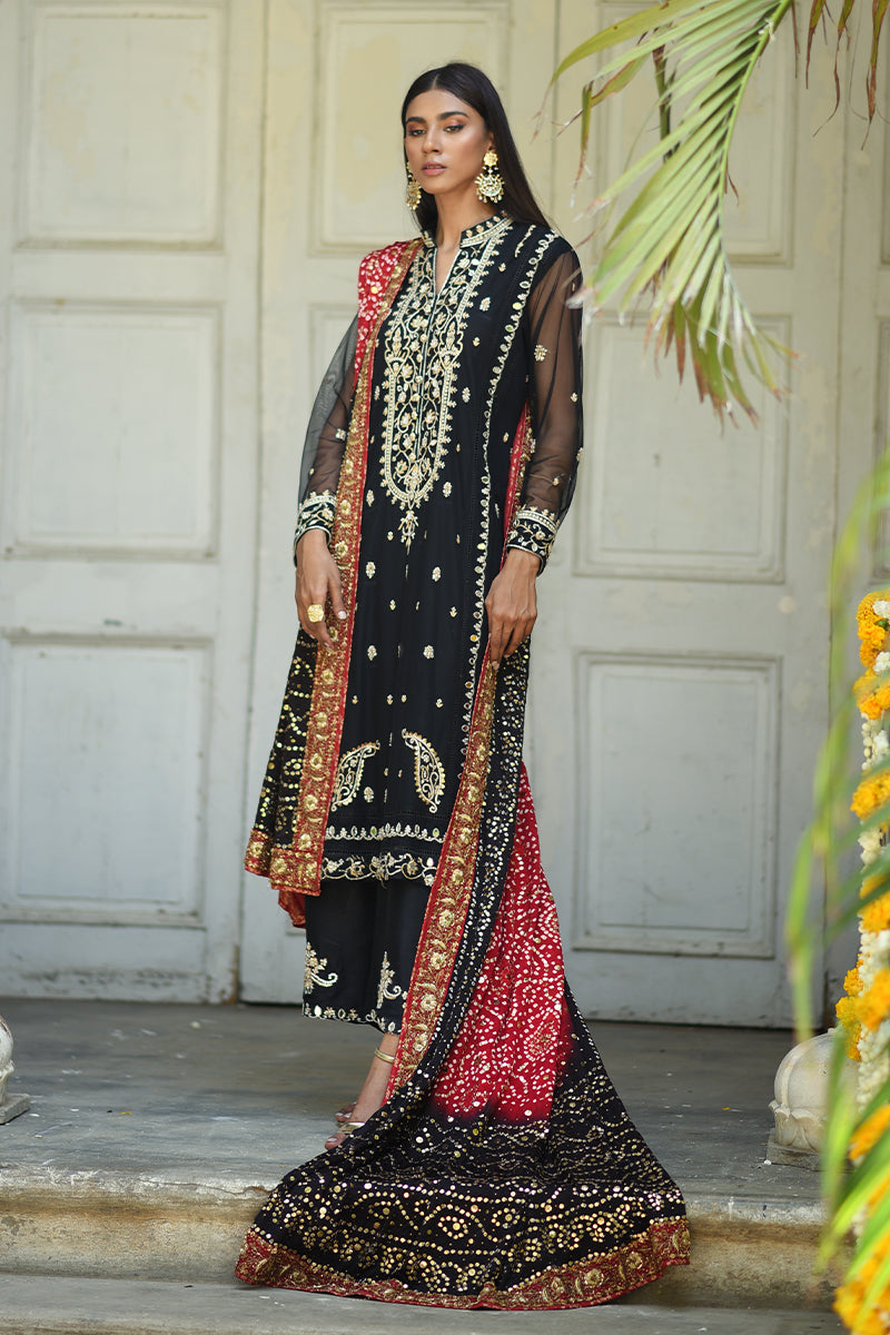 Black Kora Dabka Net Sherwani-Cut Shirt & Izaar (3-Piece) - Image 2