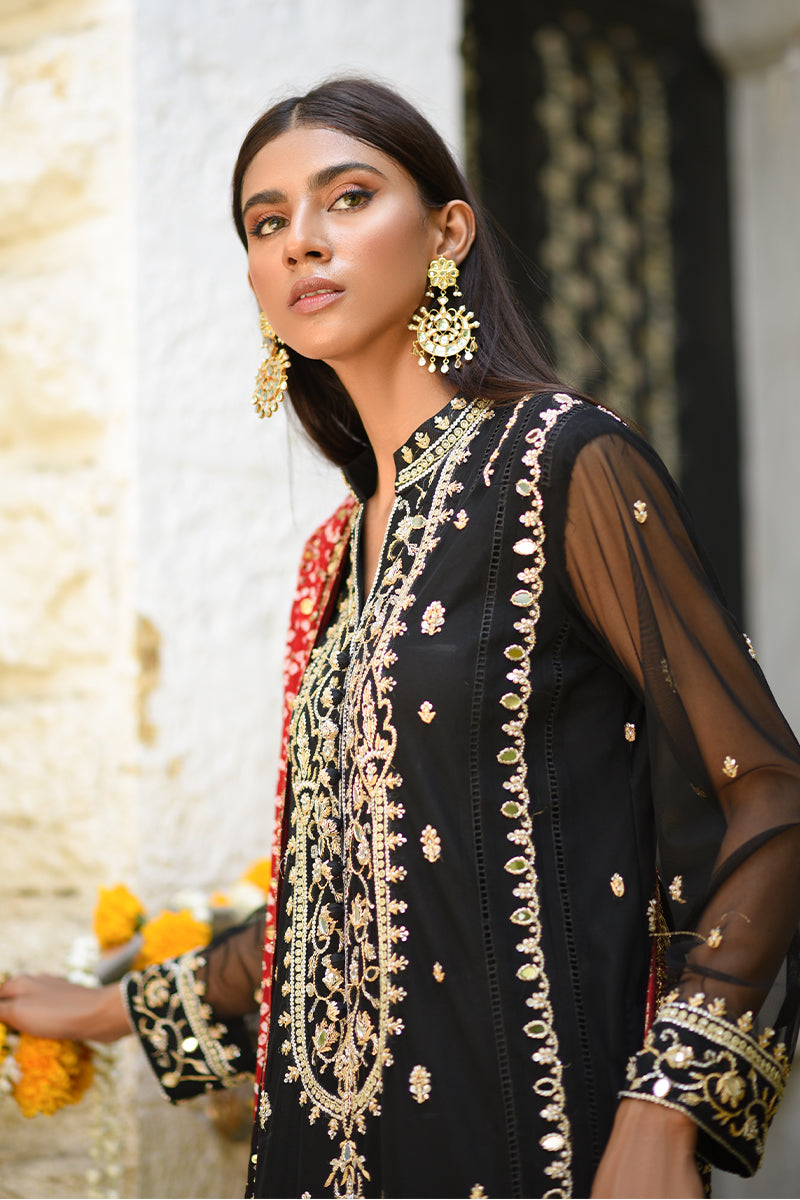 Black Kora Dabka Net Sherwani-Cut Shirt & Izaar (3-Piece) - Image 3