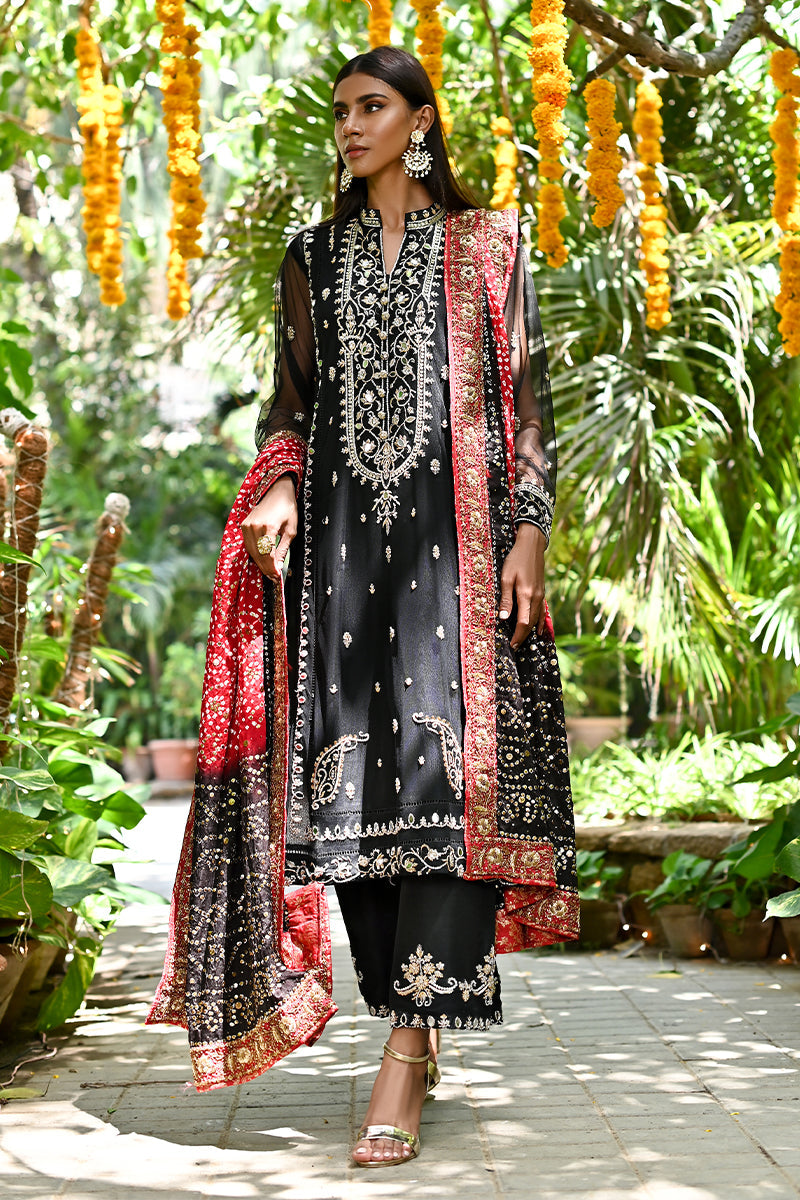 Black Kora Dabka Net Sherwani-Cut Shirt & Izaar (3-Piece) - Image 4
