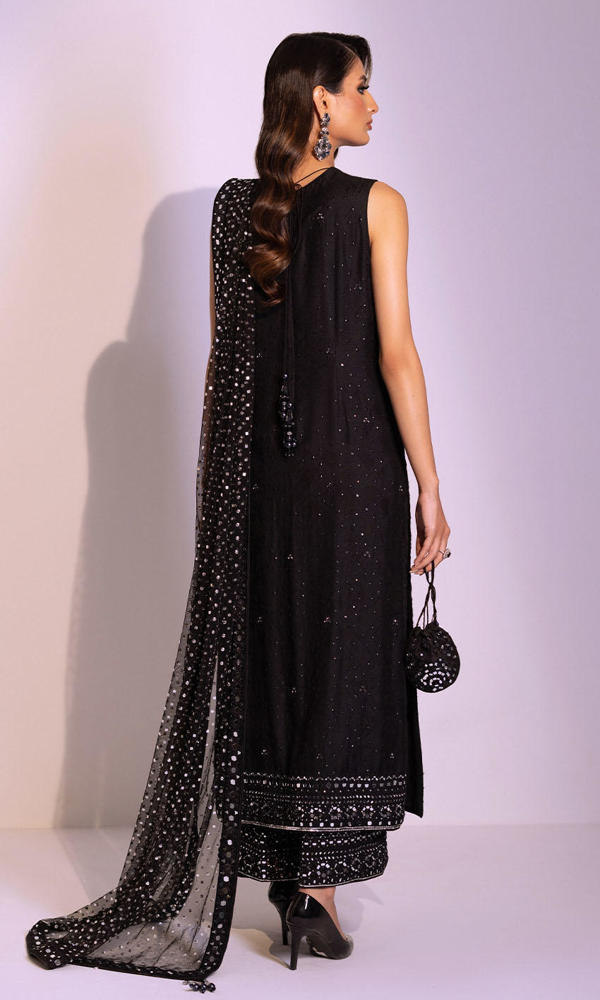 Black Mirror-Worked Net Salwar Kameez (3-Piece) - Image 4