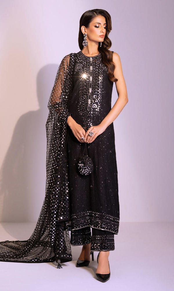 Black Mirror-Worked Net Salwar Kameez (3-Piece) - Image 6