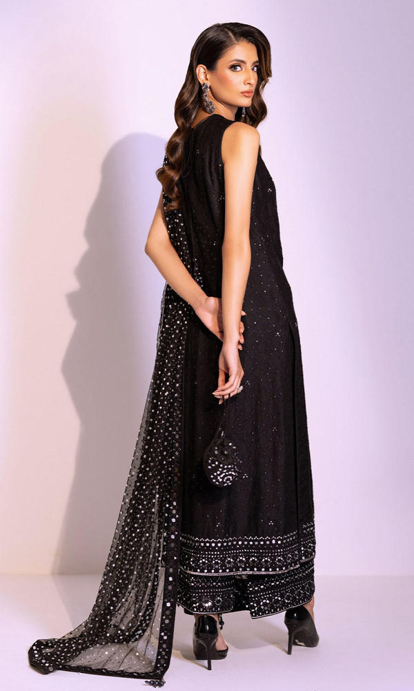 Black Mirror-Worked Net Salwar Kameez (3-Piece) - Image 8
