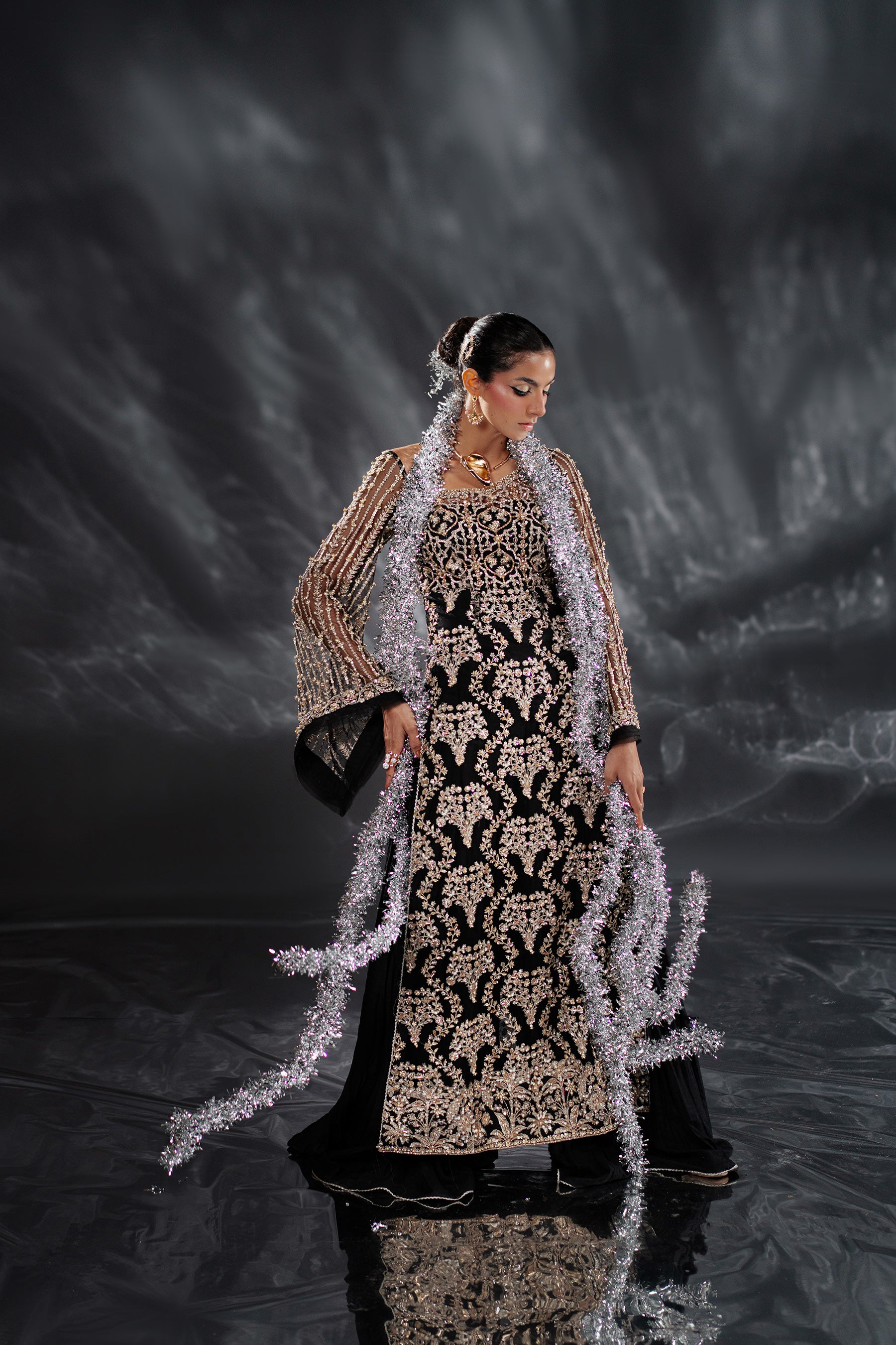 Black Embellished Net & Raw Silk Shirt Set (2-Piece) - Image 6