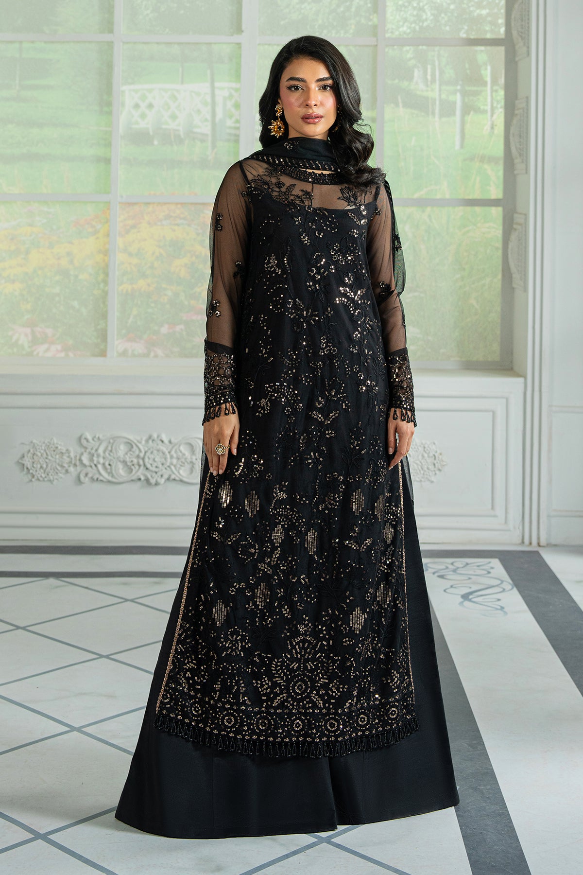 Pakistani Black Sequin Embroidered Net Salwar Kameez (3-Piece) - Image 1