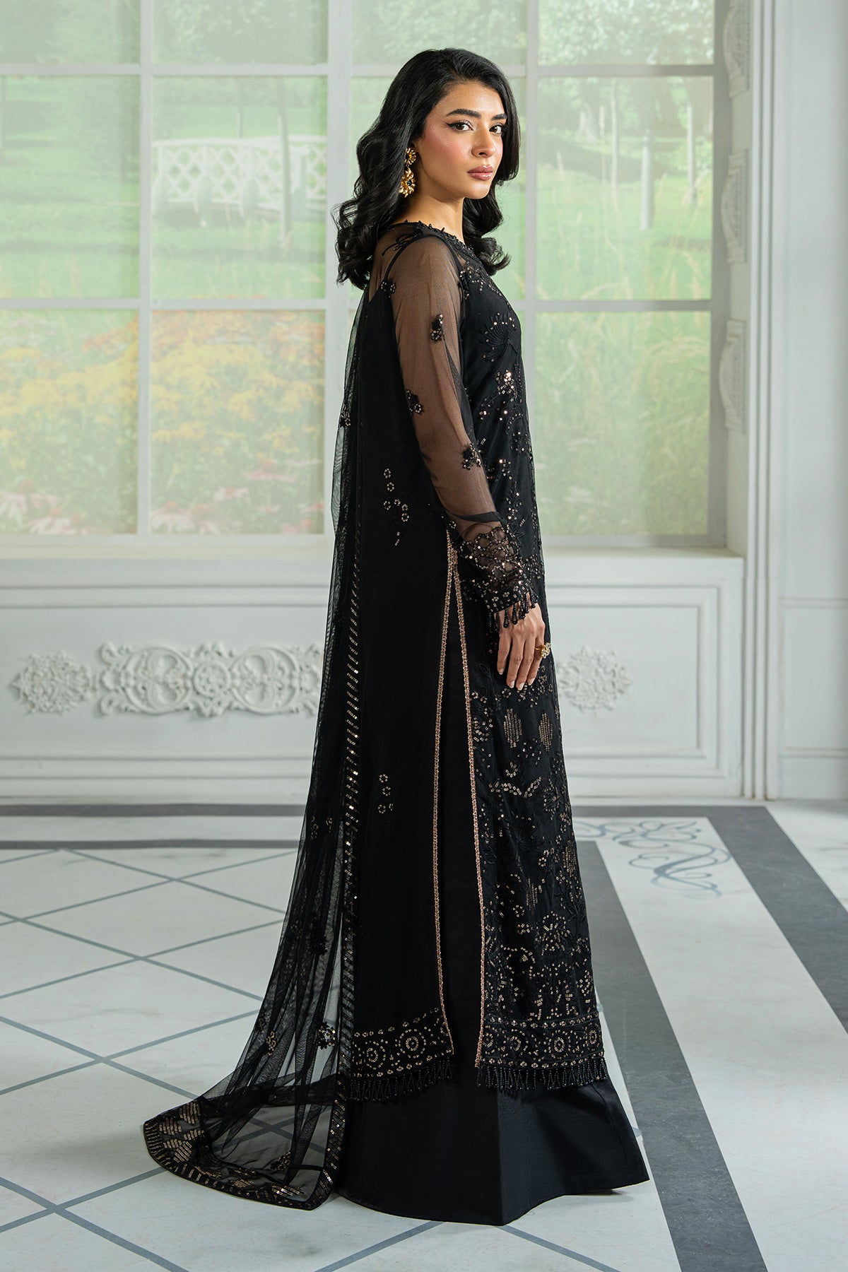 Pakistani Black Sequin Embroidered Net Salwar Kameez (3-Piece) - Image 2