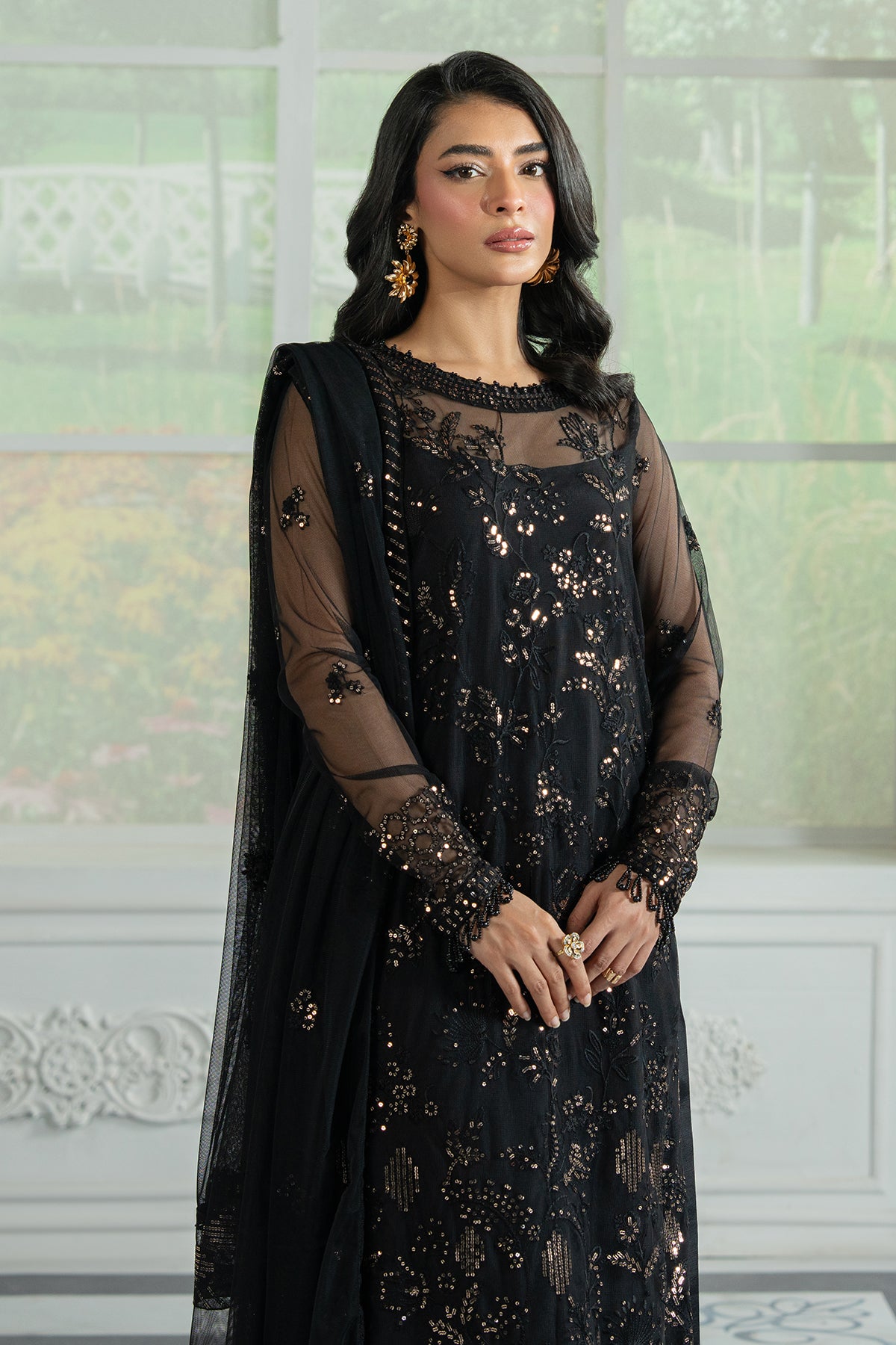 Pakistani Black Sequin Embroidered Net Salwar Kameez (3-Piece) - Image 3