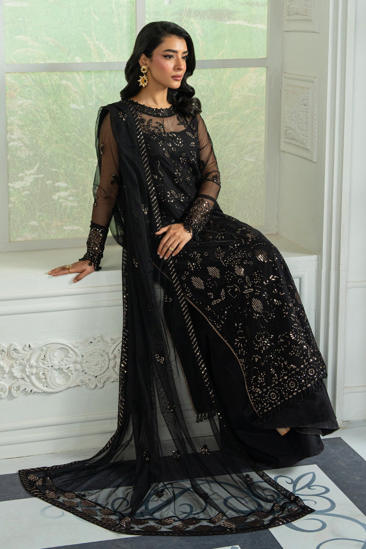 Pakistani Black Sequin Embroidered Net Salwar Kameez (3-Piece) - Image 4