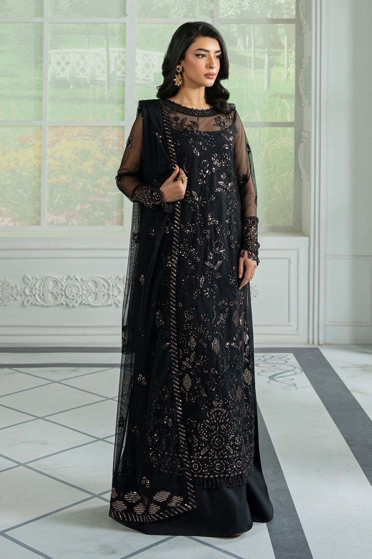 Pakistani Black Sequin Embroidered Net Salwar Kameez (3-Piece) - Image 5