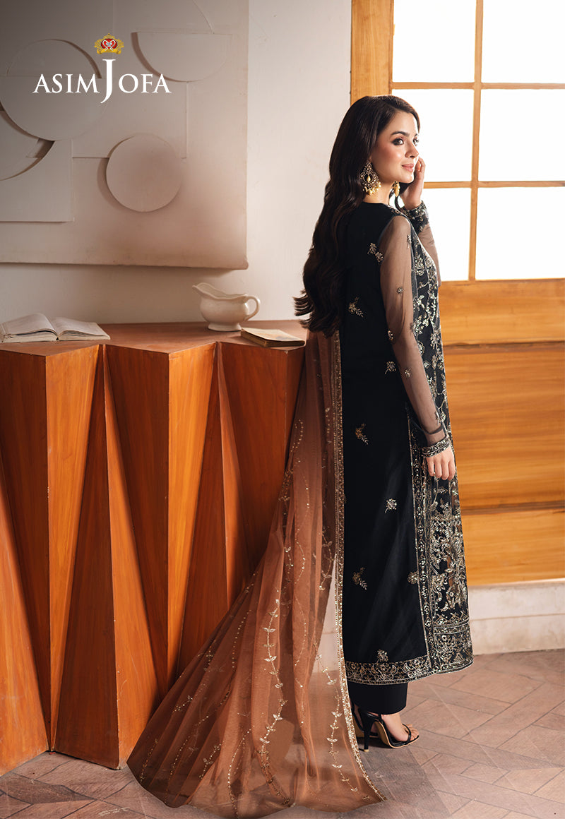 Black Embroidered Net & Silk 3-Piece Suit - Image 2