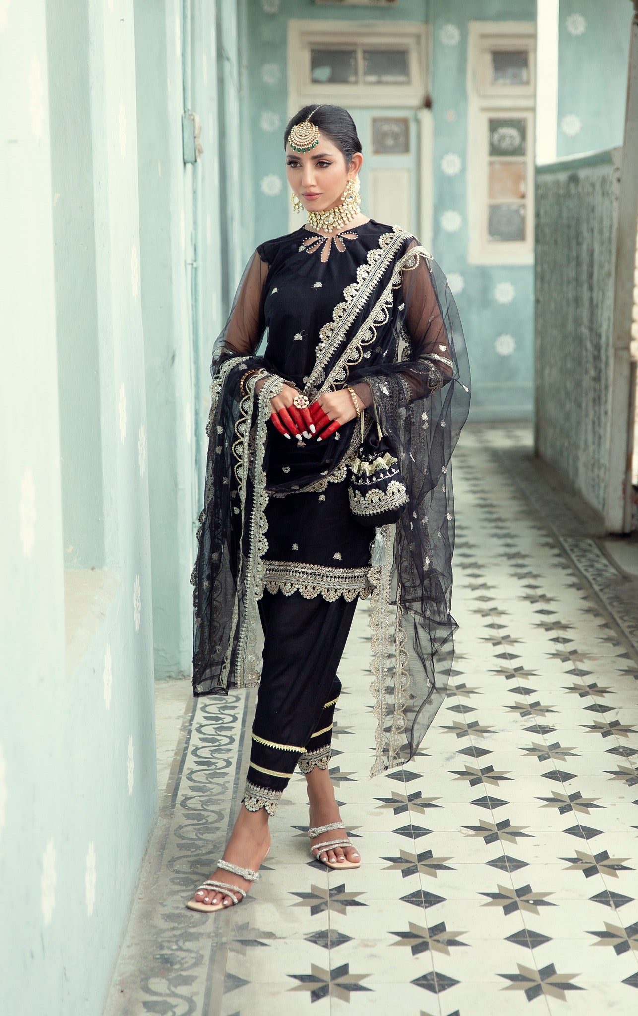 Black Embroidered Net Salwar Kameez (4-Piece) - Image 1